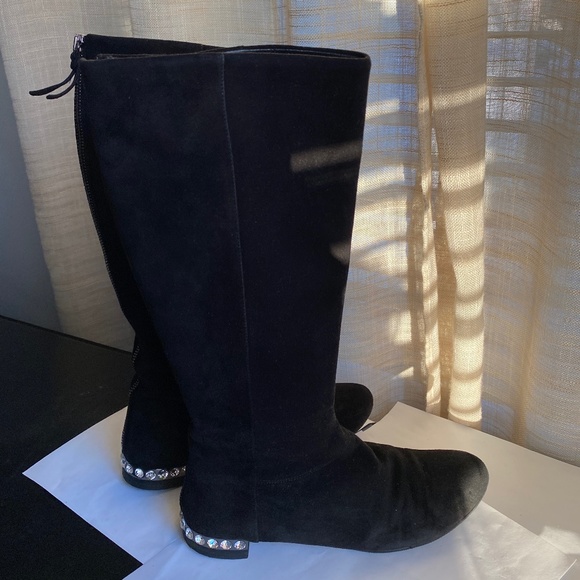 MIU MIU by Prada black suede below knee high boots crystal heels 36-6 zipper - Picture 5 of 12